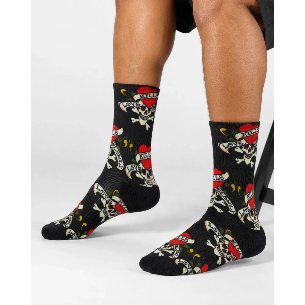Ed Hardy 2Pk Cushioned Crew Socks Love Kills Slowly Skulls Blue Black NEW 111-10